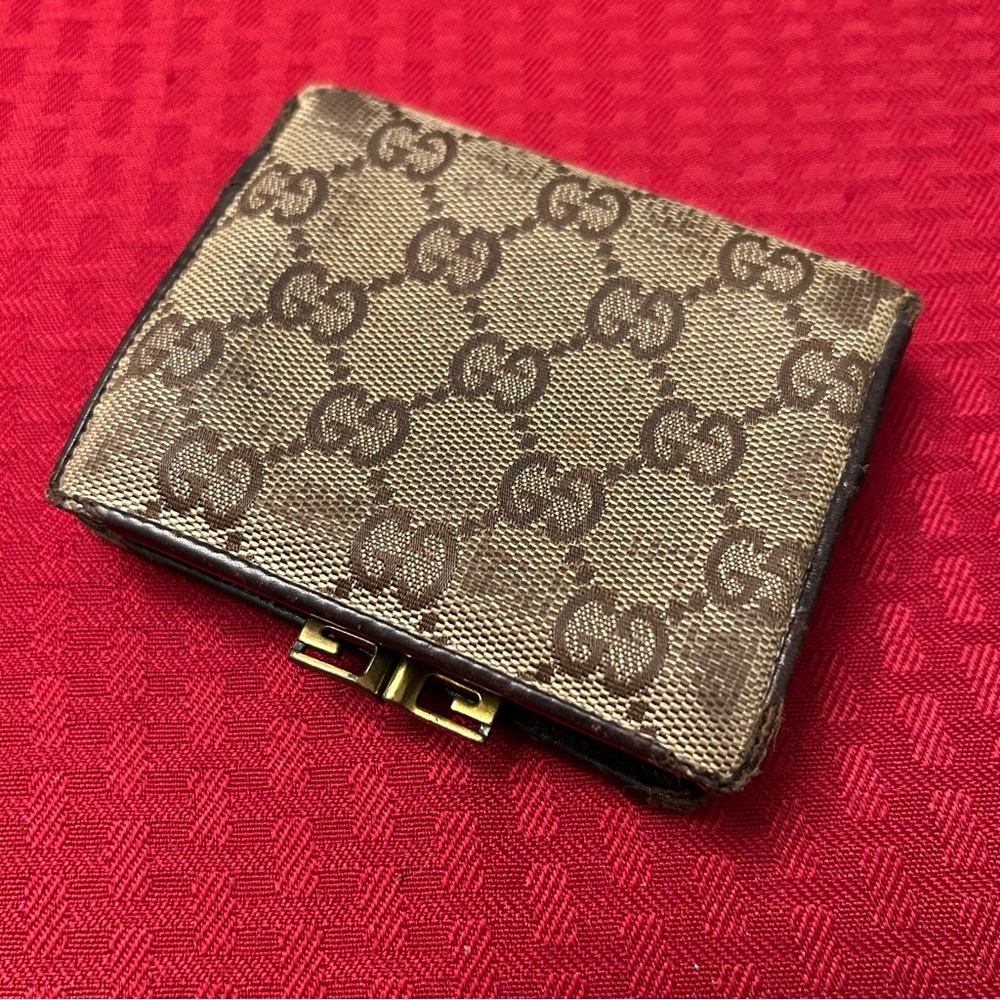Gucci Brown Monogram Canvas Compact Wallet with Gold Hardware